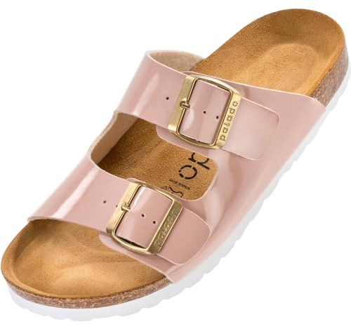 Palado Pantoletten Damen Korfu Lack - gefertigt in Spanien - glänzende Oberfläche - Veloursleder-Decksohle - bequemes Weichfußbett - rutschfeste EVA-Sohle Rosa UK7 - EU40