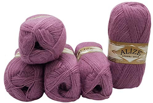 Ilkadim 5 x 100 g Alize Strickwolle Angora Gold mit 20% Wolle, 500 Gramm Strickgarn einfarbig (hell lila 28)