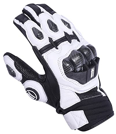 Harssidanzar Motorcycle Gloves Mens,Genuine Leather Full Finger Motorbike Riding Powersports Knuckle Protection Road Racing Gloves KM046,White/Black, Size XL