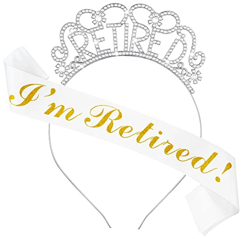 Grevosea Retirement Crown & Sash Set for Women - Silver Tiara & Sash Gift for Party Decorations