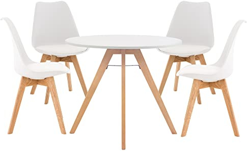 CLP Sitzgruppe Livik I 4X Stuhl Linares + 1X Tisch Viktor I Moderne Essgruppe, Farbe:weiß