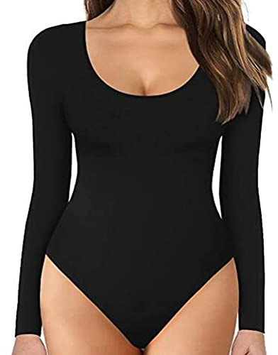 TOEECY Body para Mujer Manga Larga Cuello Redondo Stretch Sexy Bodies Vestir Ajustada Lencería Elegante Mono Leotardo Bodysuit Jumpsuit Cálida Tops (Negro,XXL)