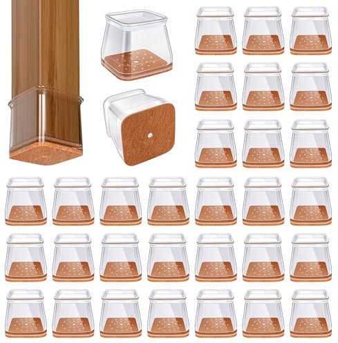 32 Pcs Square Chair Leg Floor Protectors for Hardwood Floors Clear Silicone Covers to Protect Wood Tile Floors Felt Pads Furniture Leg Caps(Fit 40-55mm)