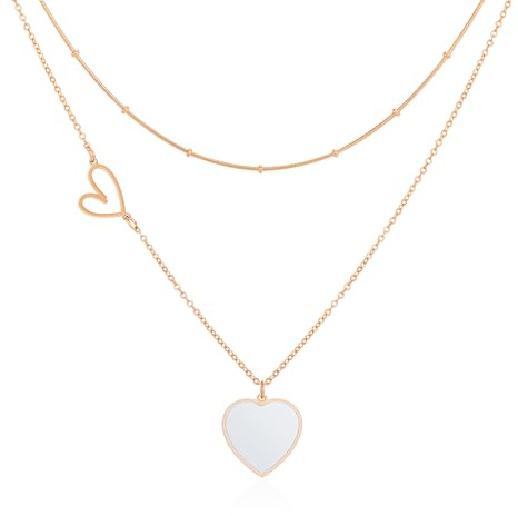 Linawe Collar en forma de corazón para mujer, collar blanco con colgante en oro rosa con colgante en forma de corazón, collar de acero inoxidable, joyas, conjunto de cadenas en capas