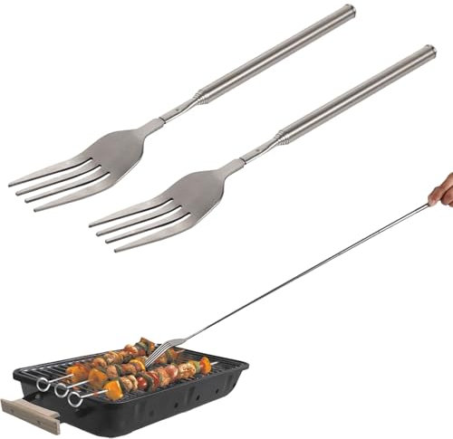 2 tenedores telescópicos, 22 – 64 cm, acero inoxidable, tenedor telescópico, mango largo, tenedor telescópico largo, cubiertos extensibles para postres, frutas, barbacoas, accesorios de vajilla, bbq,