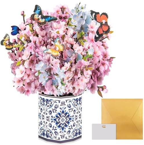 Körsbärsblom fjäril pop up-kort, pappersblombukett gratulationskort med tomt anteckningskort och kuvert, idealisk gåva för att fira kärlek, födelsedag, årsdag, speciella ögonblick, alla hjärtans dag