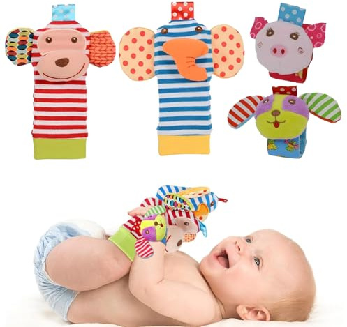 4pcs Baby Wrist and Ankle Rattles Toys,Rattle Socks,Wrist RattlesCute and Soft Sensory Early Childhood Education Toys for Babies 0-6 Months