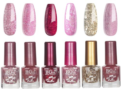 Glitter Nail Polish Set - Nail Varnish Set - Quick Dry Flash Shinny Pink Series Nail Polish - Long Lasting Chip Resistant Nail Varnish Gift Set - No Need Cure Nail Paint for DIY Nail Art