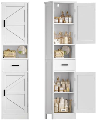 TEENFON 67 H Bathroom Storage Cabinet with Barn Doors & Adjustable Shelves, Bathroom Cabinet with Drawer, Narrow Bathroom Storage Unit, Floor Cabinets for Living Room, Kitchen, White