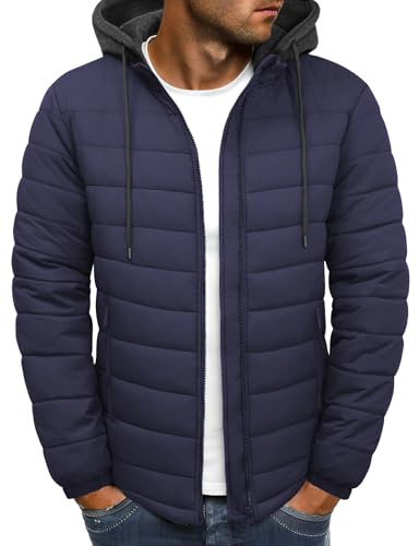 Lonya Chaqueta Hombre Invierno Chaqueta Acolchada Ligera Termico Gruesa Termal Cazadora Chaquetas Acolchado de Algodón Abrigo Casuales Sudadera con Capucha Desmontable, Azul Marino, XXL