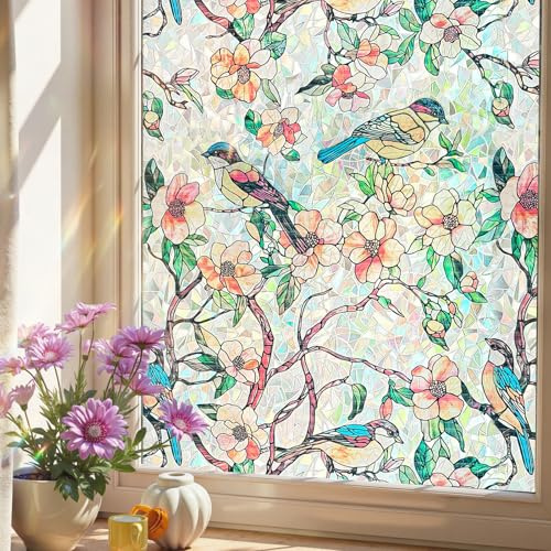 Stained Glass Window Film Privacy for Glass Windows, Window Film Privacy Vinyl Frosted No-Glue Static Cling for Home Kitchen Office Bathroom, Flower and Bird Paradise 44X200CM