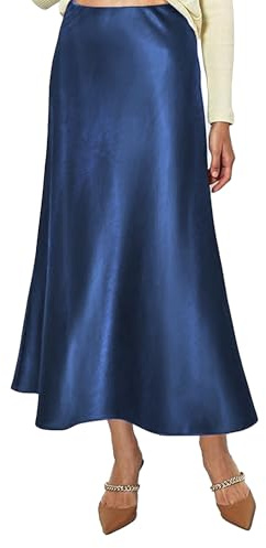 Vossmi Falda de Satén para Mujer Cintura Alta Elástica Midi Falda Casual Skirt A-Línea con Cremallera Elegante Larga Faldas de Seda Maxi Plisada Skirts Fiesta Saten Otoño Azul Marino,M