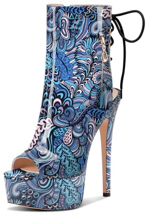 Castamere Mujer Aguja Alto High Heel Abierta Punta Plataforma Verano Botines Cordones Baile Fiesta Dress Botas 15 CM Heels Azul Multicolor 38 EU