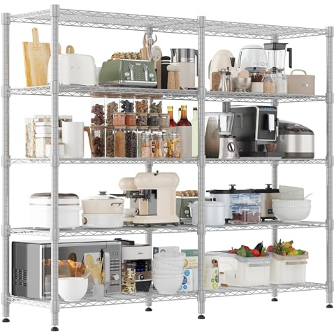 Himimi Scaffalature da Garage Robuste a 5 Ripiani, 180Lx45Px183A cm, Unità di Scaffalature Metalliche a Filo Regolabili, Scaffale Rack di Stoccaggio Grande Capacità per Garage Dispensa Cucina, Argento