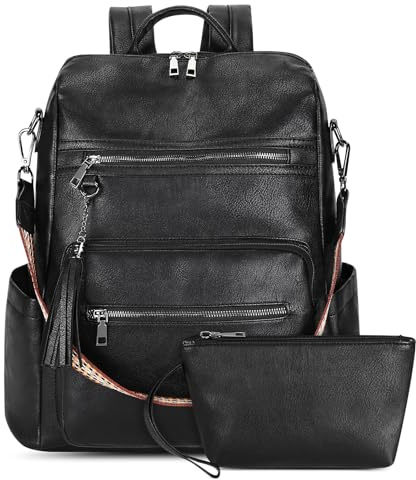 Sheonie Rucksack Damen Groß mit Geldbörse,Veganes Leder Rucksackhandtasche Diebstahlsicher,Wasserdicht Tagesrucksack Damen Elegant Umhängetasche für Uni Büro Reise Pendeln Arbeit, Schwarz-L