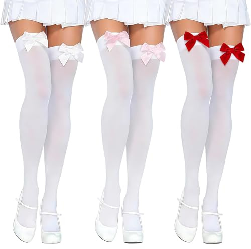 AYNKH 3 pares de calcetines hasta la rodilla para mujer, color blanco, arco por encima de la rodilla con lazo, opacos, calcetines altos de Lolita, medias por encima de la rodilla para cosplay, fiestas