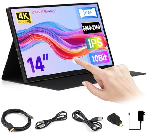 Waveshare 14inch 4K Portable Touch Monitor with Magnetic Protective Case, 3840 × 2160 Resolution, HDR Support, IPS Panel, Optical Bonding, 10-Point Touch