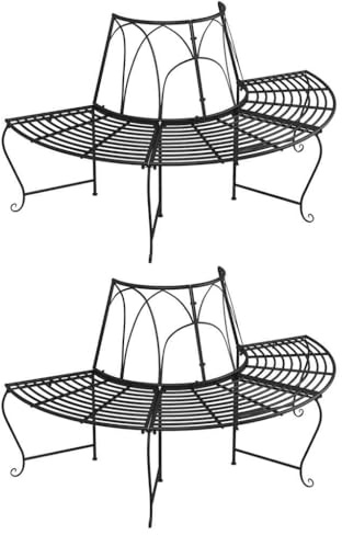 Pindolar Lot de 2 bancs d'arbres semi-circulaires en acier noir Ø 159 cm - Résistant aux intempéries - Banc stable avec dossier pour jardin, terrasse, balcon, lieu de repos extérieur - Banc de parking