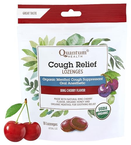 Quantum Health USDA Organic Cough Drops Menthol & Honey Throat Lozenges - Soothing Bing Cherry Flavored Suppressant - Dry Mouth & Sore Throat Relief for Adults & Kids - 18 Count