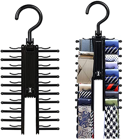 MINGZE 2 Stück Krawattenhalter, Krawattenbügel Schwarz 20 Krawatte Gürtel Gestell Veranstalter Aufhänger rutschfest Clips 360-Grad-Drehung
