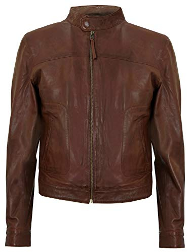 Veste Harrington Homme Ajustée en Cuir Véritable Marron avec Col en Cuir Véritable M