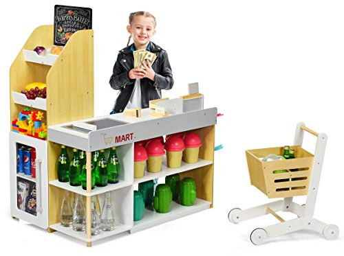 COSTWAY Jouet de Supermarché pour Enfant, Marchande en Bois avec Caisse de Supermarché, Scanner, Chariot,Lecteur de Carte, Carte de crédit, 5 Coins, Jeu d'imitation pour Garçons et Filles 3 Ans+