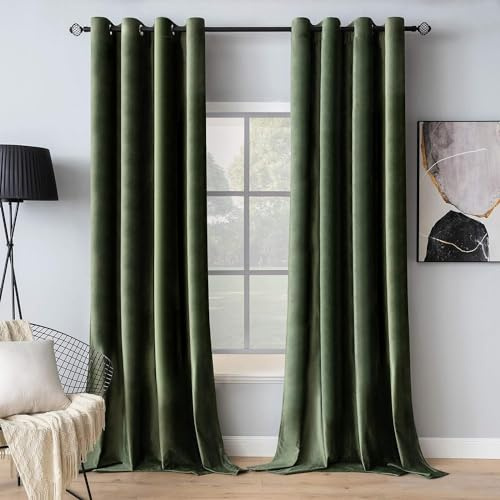 MIULEE Grün Samtvorhang mit Ösen, Wunderschön Weich Vorhänge Samt für Deko Schlafzimmer Wohnzimmer, 2 Stück Samt Gardinen Blickdicht Jedes 225 CM Hoch, Dicker Velvet Thermovorhang Winter
