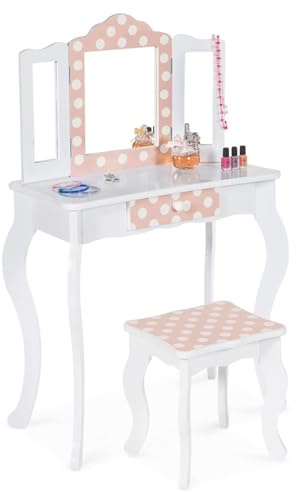 IDMarket - Coiffeuse Enfant Roza Blanche et Rose avec 3 miroirs et Tabouret