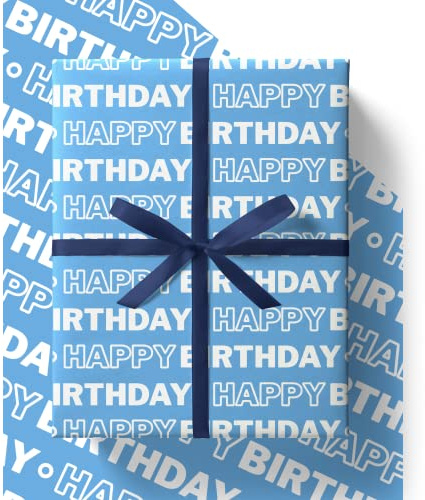 4 x Sky Blue Birthday Wrapping Paper - HUGE 43% BIGGER [84cm x 60cm] Eco Friendly Recyclable Premium Happy Birthday Gift Wrap (4 Sheets & 4 Tags)