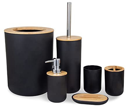 PITRAK Badezimmer Set 6 teiliges Badezimmer Zubehör aus Kunststoff, Bambus, Lotionsflaschen, Zahnbürstenhalter, Zahnbecher, Seifenschale, Toilettenbürste, Mülleimer Set (Schwarz)