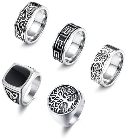 Kakonia 5Pcs Anillos de Acero Inoxidable para los Hombres Griego Signet Pulgar de Plata Retro Talla Celtic Banda Anillos Vintage Biker Negro Anillo Set 22