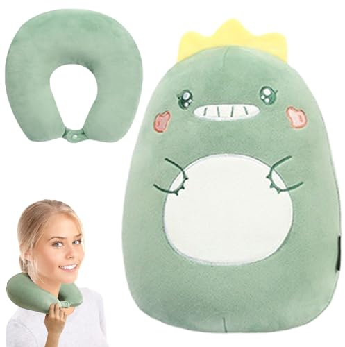 2 in 1 Kinder Reisekissen, Nackenkissen mit Mikroperlen, verformbares Nackenkissen U-förmiges Kissen für Erwachsene und Kinder, Süß Nackenhörnchen Nackenstützkissen für Auto Flugzeug Zug-Dinosaurier