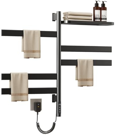 Scaldasalviette Elettrico Bagno 180°Girevole,Termoarredo Elettrico Bagno Con Vassoio Superiore,Termosifone Porta Asciugamani Bagno In Acciaio Inossidabile 5 Barre Con Timer,150W(1-24H),Nero