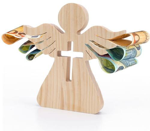 LAMEK Holzengel mit Kreuz Holz Schutzengel Geldgeschenk Mädchen Jungen Engel Holzfiguren Glücksengel Figur Gastgeschenk Geschenk für Firmung Taufe Kommunion Konfirmation
