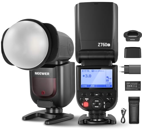 NEEWER Z760-C TTL Flash Speedlite Kit para Canon Cámara,76Ws Speedlight con Difusor Cúpula Magnética Adaptador Cabeza Redonda,2,4G GN60 1/8000s HSS,TTL/M Interruptor Rápido TCM Tecla,2600mAh Batería