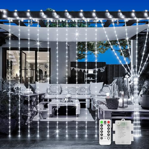 Curtain Fairy Lights Battery Operated, 2m x 2m 200 LED Curtain Christmas Lights Outdoor Window Lights with Remote 8 Modes Timer for Indoor Room Garden Patio Party Wedding Decorations-Cool White
