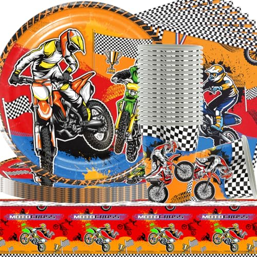 61Pcs Moto Stoviglie per Feste, Set per la Festa di Compleanno a Tema Auto da Corsa, Bicchieri di Carta per Auto da Corsa, Piatti, Tovaglia di Carta per Serve 20
