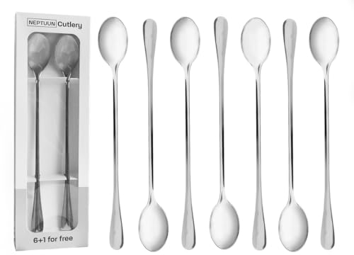 NEPTUUN Hochwertige Latte Macchiato Löffel 6+1 gratis Set, 22,8 cm, lange Löffel, Longdrinklöffel aus Edelstahl, Cocktaillöffel, Dessertlöffel, Eislöffel,Eiskaffee Hochglanzpoliert (Silber)