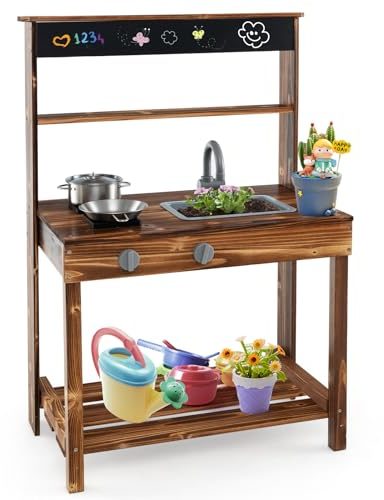 DREAMADE Cuisine Exterieur pour Enfants, Cuisine en Cèdre pour Tout-Petits avec Tableau Noir, Robinet, Évier Amovible, Plaques de Cuisson, Casserole et Poêle