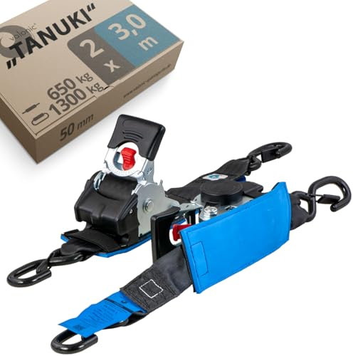 valonic TANUKI - 2x 3m XXL cinghie di fissaggio automatico, 50mm, 650/1300 Kg, imbottito, EN-12195-2 - con gancio, con cricchetto, nero, per moto