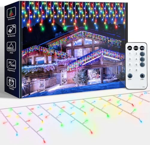 ARKOCHIC 10M Luci Natale Esterno Cascata, LED Tenda Luminosa Natale Multicolore Luminarie Natalizie da Esterno con 8 Modalità, Memoria, Luci Decorazioni Natalizie per Casa, Balcone, Finestra