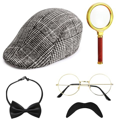HEAWAA Set di 5 accessori per costume da detective, accessori per costume da sherlock Holmes con cappello detective, occhiali falsi baffi, lente di ingrandimento, papillon detective, cosplay