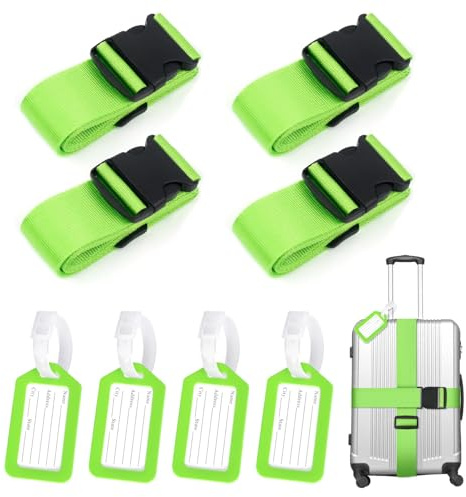 Arvoni 4 Pièces Sangle Valise Voyage avec Étiquette Bagage, Ceinture Valise 5 x 180 cm, Sangles à Bagage Fluorescentes, Sangle Pour Valise avec Etiquette Valise Voyage Avion pour Rapide Identification
