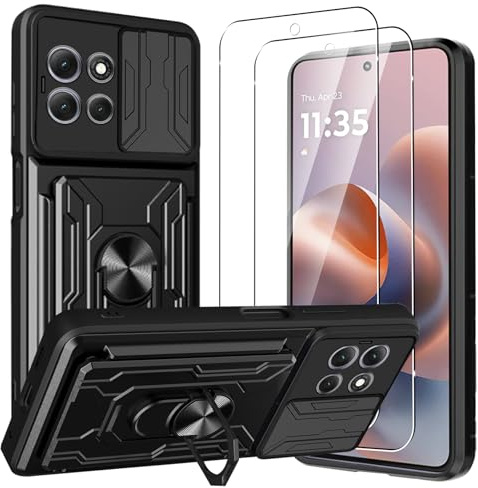 CONAPIKA Cover per Motorola Moto G86 con 2 Vetro Temperato, Rigida Antiurto Cover Magnetica Kickstand Protezione Fotocamera Slot per Schede Militare Resistente Robusta Custodie Protettiva,Nero