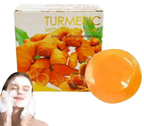 Savon au Curcuma et Miel pour Taches Brunes & Acné | Nettoyant Naturel Visage et Corps pour Nettoyer, Éclaircir, Unifier le Teint | Savon Miel Soft 7 Formule Hydratante Douce pour Types de Peau