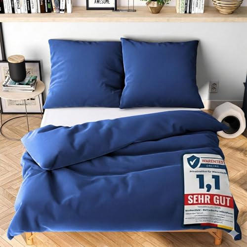 Wolkenfeld Winter Bettwäsche 220x240 cm 3teilig – Marine Blau - kuschlig weich & bügelfrei – ÖKO-TEX Zertifiziert – Mikrofaser Bettwäsche-Sets 1x Bettbezug 240x240 + 2X Kissenbezug 80x80