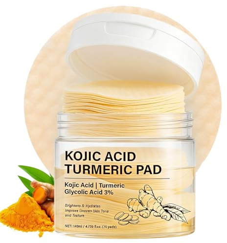Kojic Acid and Turmeric Face Pads,Kojic Acid Cleansing Pads,Body&Face Exfoliator Pad with Niacinamide&Vitamin C,Dark Spot Remover for Face,Helps Balance Skin Oil and Water,Non-Irritating