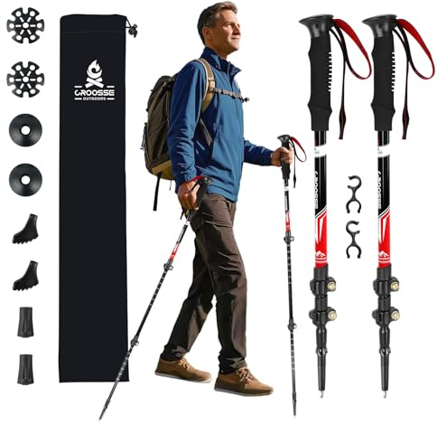 Bastones de Trekking Telescópicos Ligeros de Aluminio, Pack de 2 | 275 g por Bastón, Compactos y Ajustables, con Antichoque, Cierres de Giro y Palanca, Empuñaduras EVA y Accesorios Todoterreno