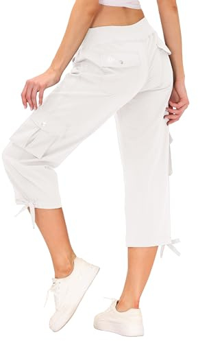 MoFiz Pantalones 3/4 Mujer Verano Pantalones Piratas Cargo de Senderismo y Viajes Pantalon Capri Informales de Moda con 6 Bolsillos Blanco Talla XL