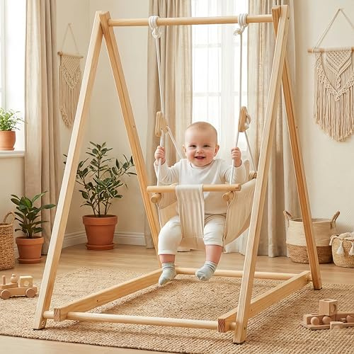 ROMSPRI Baby Swing for Infants to Toddler - Canvas Indoor Outdoor Hanging Swing Seat with Safety Belt & Soft Cushion - Durable Wooden Hammock Chair for Nursery, Patio, Tree - Ideal